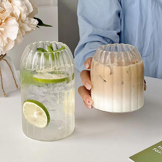 Auramma Avant Basic Minimalist Aesthetic Clear Ribbed Lantern Sleeve Shaped Coffee Tea Cocktail Smoothie Matcha Latte Drinking Glass Mug