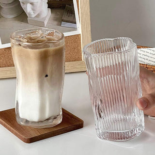 Auramma Avant Basic Minimalist Aesthetic Funky Irregular Twisting Clear Ribbed Frosted Coffee Tea Cocktail Drinking Glass Mug