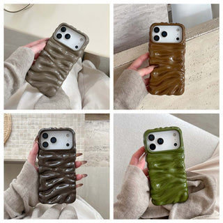 Auramma Collections Autumn Dark Aesthetic Glossy Olive Avocado Green Chocolate Khaki Burgundy Wine Red Brown 3D Folds Creases Style Surface Soft TPU Case iPhone 17 16 15 14 13 Pro Max Air