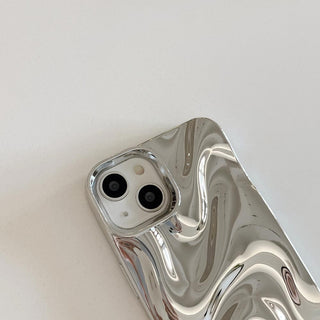 Auramma Collections Avant Basic Minimalist Aesthetic Glossy Silver Chrome Finish 3D Ripples Style Soft TPU iPhone 17 16 15 14 13 12 Pro Max Case