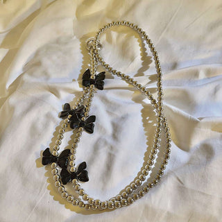 Auramma Collections Avant Basic Cool Girl Aesthetic Silver Bead Black White Ribbons Hearts Smart Phone Crossbody Lanyard
