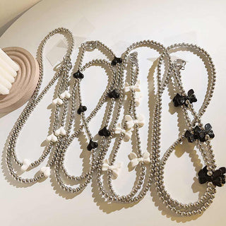 Auramma Collections Avant Basic Cool Girl Aesthetic Silver Bead Black White Ribbons Hearts Smart Phone Crossbody Lanyard