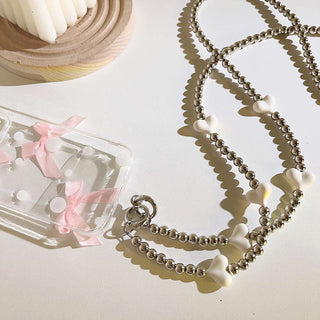Auramma Collections Avant Basic Cool Girl Aesthetic Silver Bead Black White Ribbons Hearts Smart Phone Crossbody Lanyard