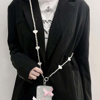 Auramma Collections Avant Basic Cool Girl Aesthetic Silver Bead Black White Ribbons Hearts Smart Phone Crossbody Lanyard