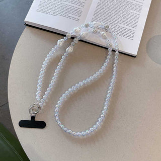 Auramma Collections Avant Basic Cool Aesthetic Funky Silver Pearl White Clear Bead Chain Crossbody Phone Lanyard