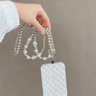Auramma Collections Avant Basic Cool Aesthetic Funky Silver Pearl White Clear Bead Chain Crossbody Phone Lanyard