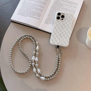 Auramma Collections Avant Basic Cool Aesthetic Funky Silver Pearl White Clear Bead Chain Crossbody Phone Lanyard