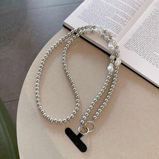 Auramma Collections Avant Basic Cool Aesthetic Funky Silver Pearl White Clear Bead Chain Crossbody Phone Lanyard