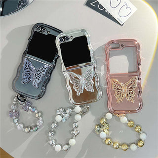 Auramma Collections Cool Aesthetic Metallic Black Silver Rose Gold Butterfly Stand Matching Wrist Charm Soft TPU Case Samsung Z Flip 6 5 4 3