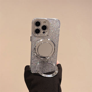 Auramma Collections Cool Aesthetic White Silver Glitter Built-in Mirror Stand Soft TPU Case iPhone 16 15 14 13 12 11 Pro Max Plus X XS XR
