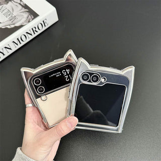 Auramma Collections Cool Kawaii Glossy Silver Metallic Cat Ear Clear Soft TPU Case Samsung Z Flip 6 5 4 3