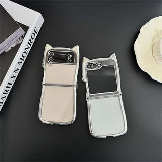 Auramma Collections Cool Kawaii Glossy Silver Metallic Cat Ear Clear Soft TPU Case Samsung Z Flip 6 5 4 3
