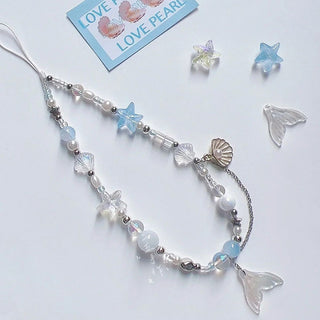 Auramma Collections Cool Soft Aesthetic Kawaii Clear Blue Mermaid Tail Pearl Shell Sea Star Phone String Charm