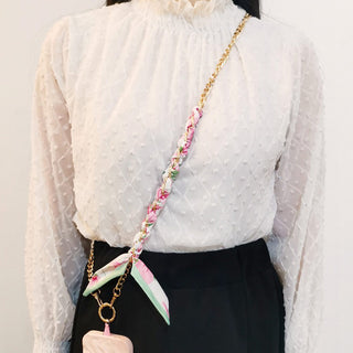 Auramma Collections Elegant Minimalist Aesthetic Green Pink Red Blue Silk Scarf Gold Chain Crossbody Lanyard Smart Phone iPhone Samsung