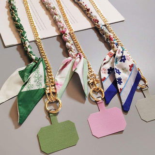 Auramma Collections Elegant Minimalist Aesthetic Green Pink Red Blue Silk Scarf Gold Chain Crossbody Lanyard Smart Phone iPhone Samsung