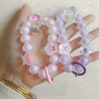 Auramma Collections Funky Kawaii Frosted Pink Purple Green Blue Yellow Lollipop Star Heart Flower Cube Bead Bracelet Phone Charm