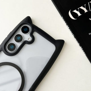 Auramma Collections Funky Kawaii Plain Black Blue Gray Pink Cat Ear Shaped Bumper Tail MagSafe Clear Soft TPU Case Samsung Galaxy S25 S24 S23 Plus