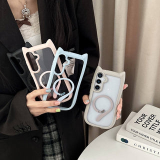 Auramma Collections Funky Kawaii Plain Black Blue Gray Pink Cat Ear Shaped Bumper Tail MagSafe Clear Soft TPU Case Samsung Galaxy S25 S24 S23 Plus
