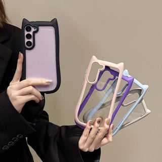 Auramma Collections Funky Kawaii Plain Black Blue Purple Gray Pink Cat Ear Shaped Bumper Clear Soft TPU Case Samsung Galaxy S25 S24 S23 Plus