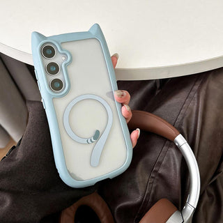 Auramma Collections Funky Kawaii Plain Black Blue Gray Pink Cat Ear Shaped Bumper Tail MagSafe Clear Soft TPU Case Samsung Galaxy S25 S24 S23 Plus