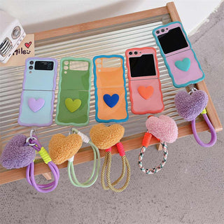 Auramma Collections Kawaii Soft Girl Aesthetic Wavy Edge Heart Purple Blue Green Orange Pink Matching Furry Heart Plush-Rope Wrist Charm Soft TPU Case Samsung Z Flip 6 5 4 3