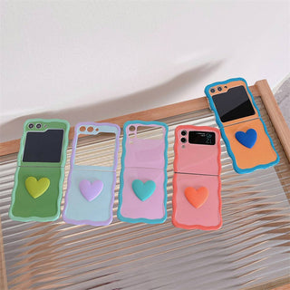 Auramma Collections Kawaii Soft Girl Aesthetic Wavy Edge Heart Purple Blue Green Orange Pink Matching Furry Heart Plush-Rope Wrist Charm Soft TPU Case Samsung Z Flip 6 5 4 3
