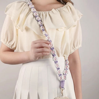 Auramma Collections Kawaii Cute Soft Girl Aesthetic Woven Flower Pink Yellow Gray Purple White Blue Crossbody Lanyard For Smart Phone iPhone Samsung