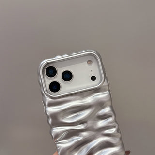 Auramma Collections Minimalist Cool Aesthetic Glossy Silver 3D Folds Creases Surface Style Soft TPU Case iPhone 17 16 15 14 13 Pro Max Plus Air