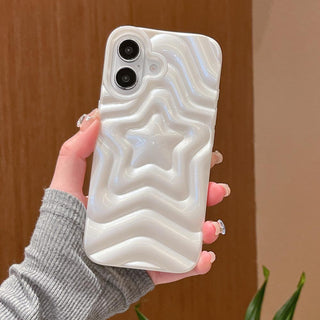 Auramma Collections Y2K Dreamy Softcore Pearl White 3D Textured Surface Groovy Star Soft TPU Case iPhone 16 15 14 13 Pro Max