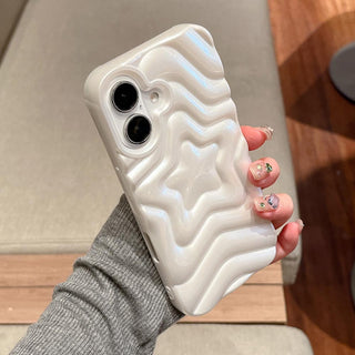 Auramma Collections Y2K Dreamy Softcore Pearl White 3D Textured Surface Groovy Star Soft TPU Case iPhone 16 15 14 13 Pro Max