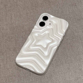 Auramma Collections Y2K Dreamy Softcore Pearl White 3D Textured Surface Groovy Star Soft TPU Case iPhone 16 15 14 13 Pro Max