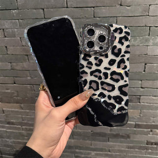 Auramma Y2K Style Wavy Silver Edge Laser Color Background Brown Pink Leopard Print Pattern Soft TPU Case iPhone 16 15 14 13 12 11 Pro Max Plus