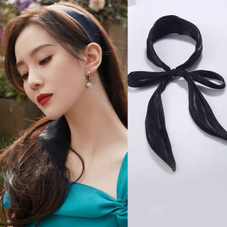 Auramma Collections SS23 Elegant Chic French Girl Spring Summer Style Satin Sheer Plain Color Black Blue Green Champagne Pink Mustard Yellow Long Ribbon Hair Band Bow Braid Accessories