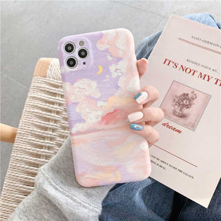 Auramma Collections Cool Dreamy 3D Visual Effects Oil Painting Style Cloudy Skies Moon Print on TPU Case for iPhone 14 13 12 11 Pro Max Mini X XS XR 7 8 Plus