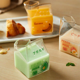 Auramma Collections Japanese Style Cute 3D Glass Strawberry Avocado Peach Banana Yogurt Milk Carton Shaped Cup