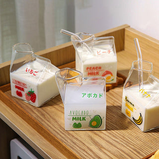 Auramma Collections Japanese Style Cute 3D Glass Strawberry Avocado Peach Banana Yogurt Milk Carton Shaped Cup