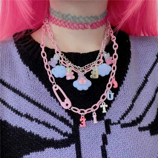 Auramma Collections Y2K Harajuku Style Bold Statement Pink Chain Blue Clouds Colorful Gradient Gummy Bears Cutie Letter Multi-Layering Necklace Set