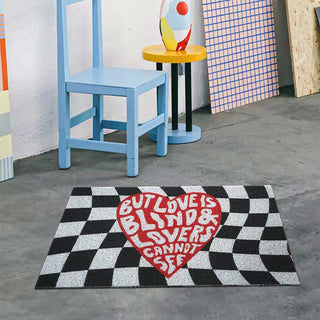 Auramma Collections Y2K Style Yellow White Distorted Wavy Checkerboard Checkered Bold Green Letter Quote Self Love Club Entrance Doormat
