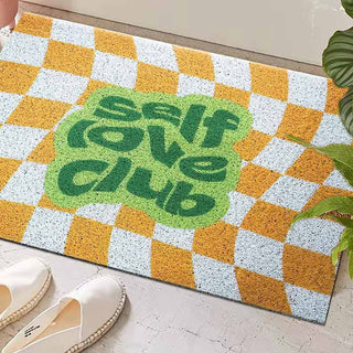 Auramma Collections Y2K Style Yellow White Distorted Wavy Checkerboard Checkered Bold Green Letter Quote Self Love Club Entrance Doormat