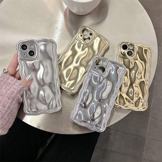 Auramma Collections Avant Basic 3D Meteorite Style Surface Wavy Edge Metallic Matte Glossy Gold Silver Plated Soft TPU Case iPhone 15 14 13 12 11 Pro Max Plus