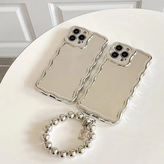 Auramma Collections Avant Basic Cool Aesthetic Glossy Silver Wavy Edge Beaded Bracelet Charm Soft TPU Case iPhone 14 13 12 11 Pro Max Plus X XS XR