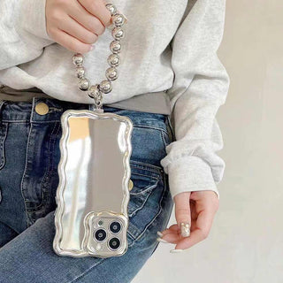 Auramma Collections Avant Basic Cool Aesthetic Glossy Silver Wavy Edge Beaded Bracelet Charm Soft TPU Case iPhone 14 13 12 11 Pro Max Plus X XS XR