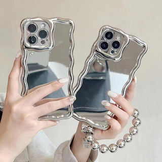 Auramma Collections Avant Basic Cool Aesthetic Glossy Silver Wavy Edge Beaded Bracelet Charm Soft TPU Case iPhone 14 13 12 11 Pro Max Plus X XS XR