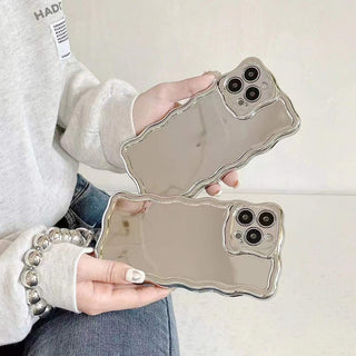 Auramma Collections Avant Basic Cool Aesthetic Glossy Silver Wavy Edge Beaded Bracelet Charm Soft TPU Case iPhone 14 13 12 11 Pro Max Plus X XS XR