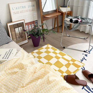 Auramma Collections Avant Basic Funky Wavy Distorted Dense Warped Colored Checkered Checkerboard Purple Yellow Black White Blue Green Orange Bedside Living Area Rug