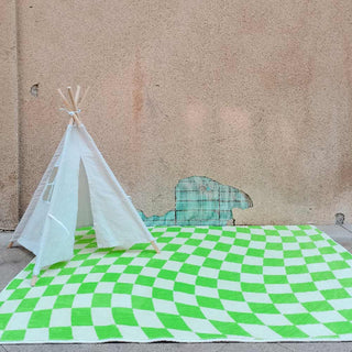 Auramma Collections Avant Basic Funky Popular Wavy Distorted Purple Pink Beige Blue Orange Green White Checkered Checkerboard Design Beside Living Area Rug