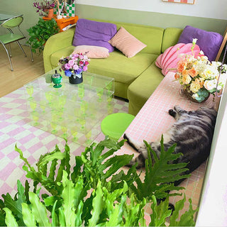 Auramma Collections Avant Basic Funky Popular Wavy Distorted Purple Pink Beige Blue Orange Green White Checkered Checkerboard Design Beside Living Area Rug