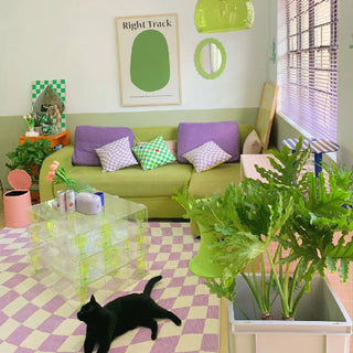 Auramma Collections Avant Basic Funky Popular Wavy Distorted Purple Pink Beige Blue Orange Green White Checkered Checkerboard Design Beside Living Area Rug