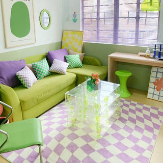 Auramma Collections Avant Basic Funky Popular Wavy Distorted Purple Pink Beige Blue Orange Green White Checkered Checkerboard Design Beside Living Area Rug