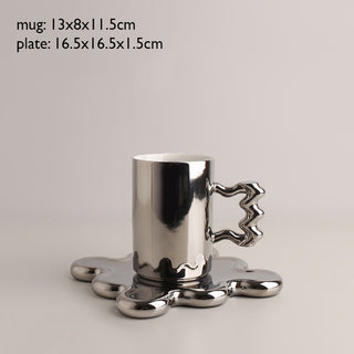 Auramma Collections Avant Basic Funky Wavy Puddle Shape Matte Blue Glossy Silver Mug Plate Set